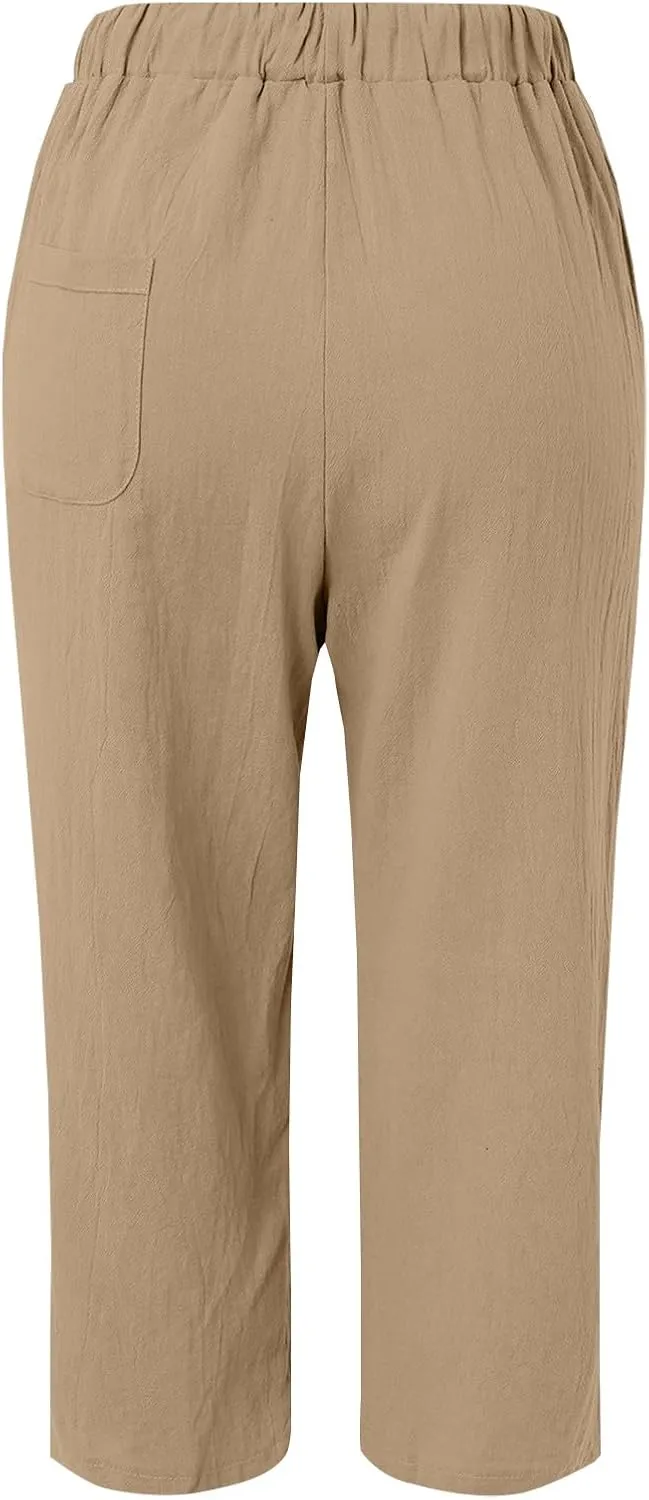 Womens Summer Cotton Linen Casual Trousers Loose Drawstring Waist Pant Pure Color Straight Leg Pants with Pockets