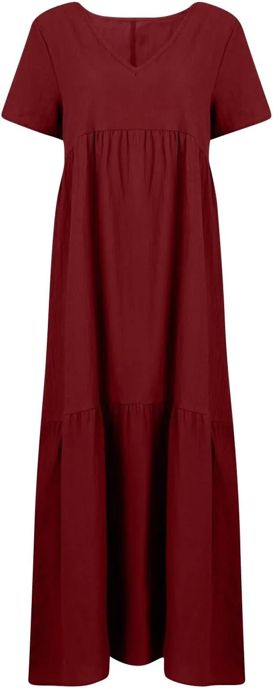 Womens Summer Cotton Linen Dresses Casual Short Sleeve Plus Size Midi Dress Elegant V Neck Ruched Flowy Boho Dress