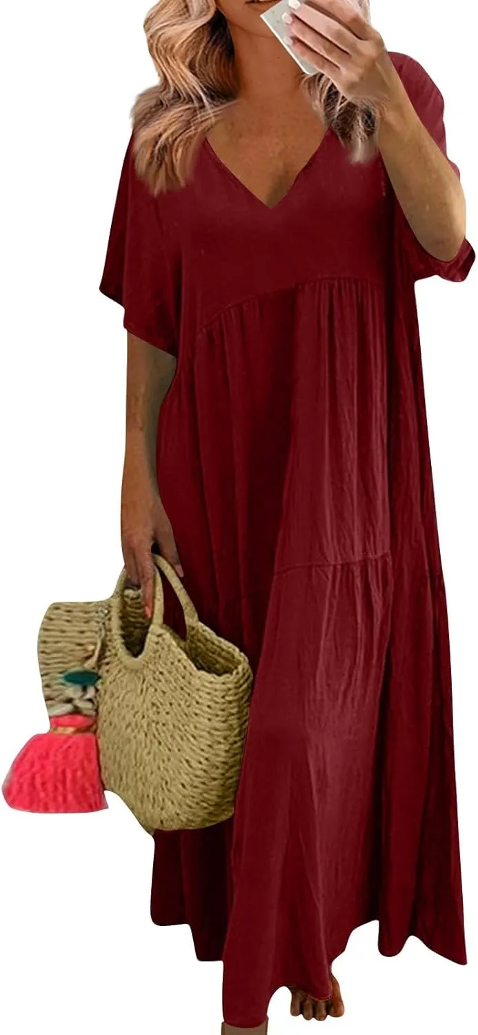 Womens Summer Cotton Linen Dresses Casual Short Sleeve Plus Size Midi Dress Elegant V Neck Ruched Flowy Boho Dress