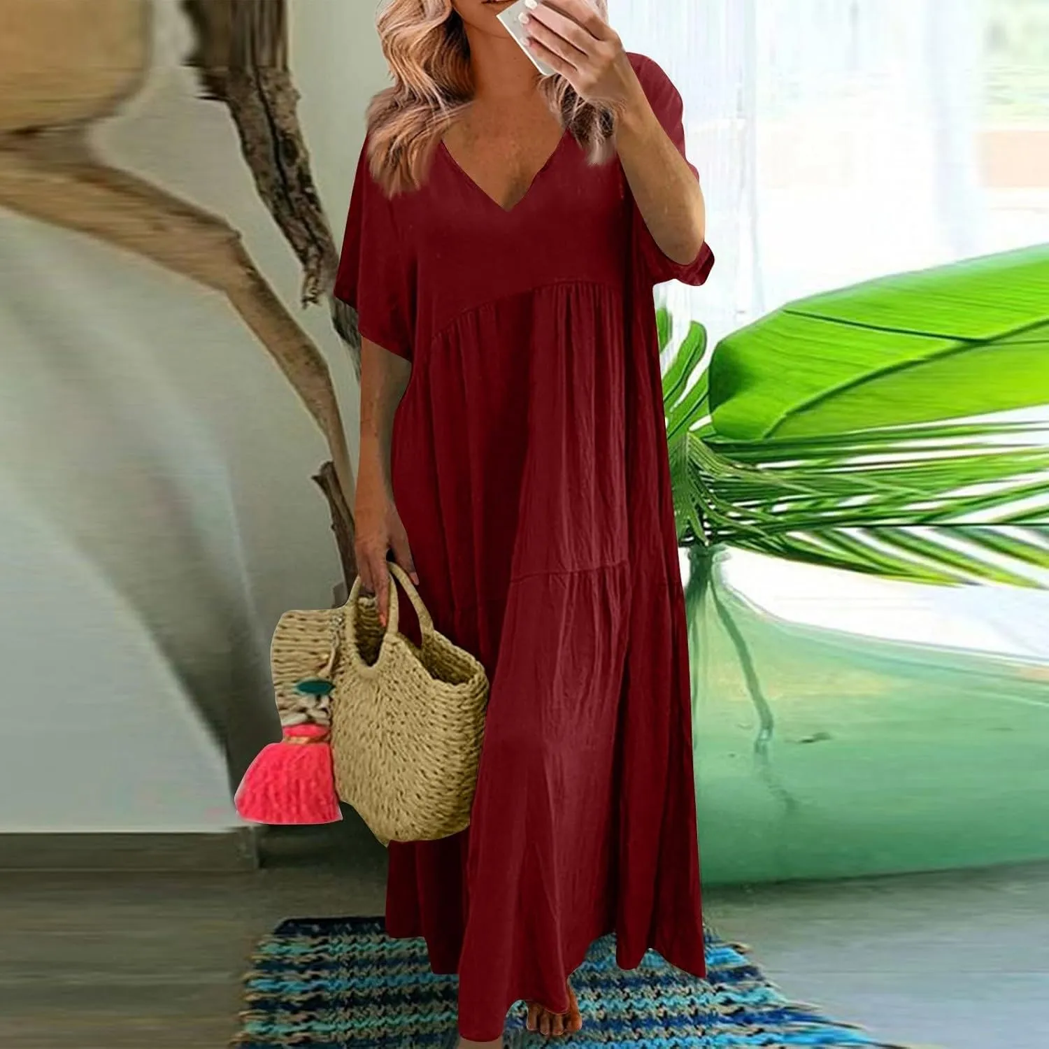 Womens Summer Cotton Linen Dresses Casual Short Sleeve Plus Size Midi Dress Elegant V Neck Ruched Flowy Boho Dress