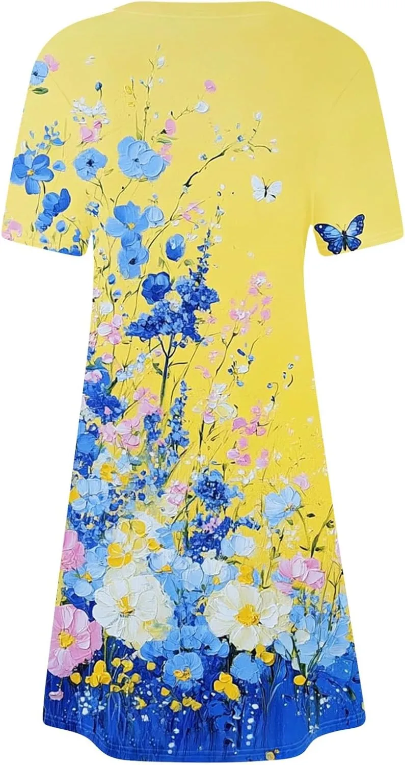 Womens Summer Dress 2025 Short Sleeve A-Line Mini Dress Casual Sundress Crew Neck Floral Beach Sundress Tunic Skirts
