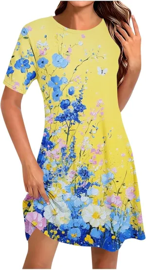 Womens Summer Dress 2025 Short Sleeve A-Line Mini Dress Casual Sundress Crew Neck Floral Beach Sundress Tunic Skirts