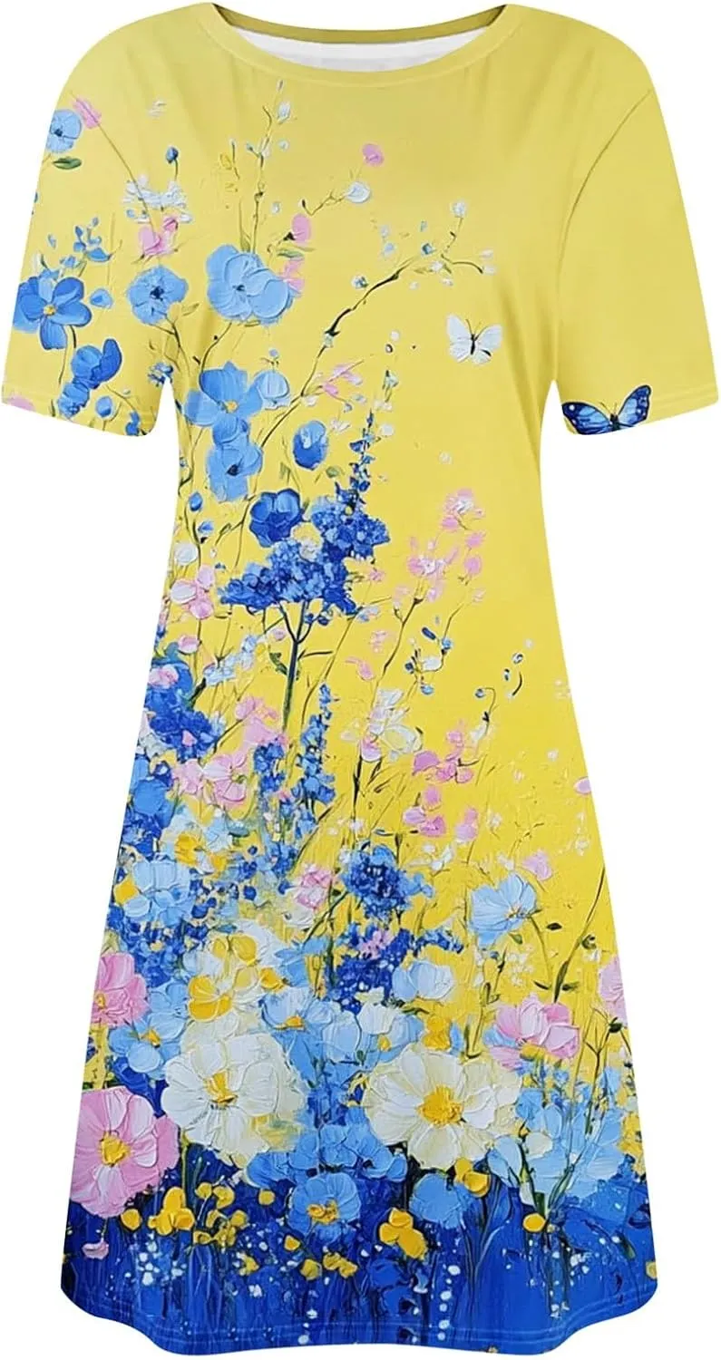 Womens Summer Dress 2025 Short Sleeve A-Line Mini Dress Casual Sundress Crew Neck Floral Beach Sundress Tunic Skirts