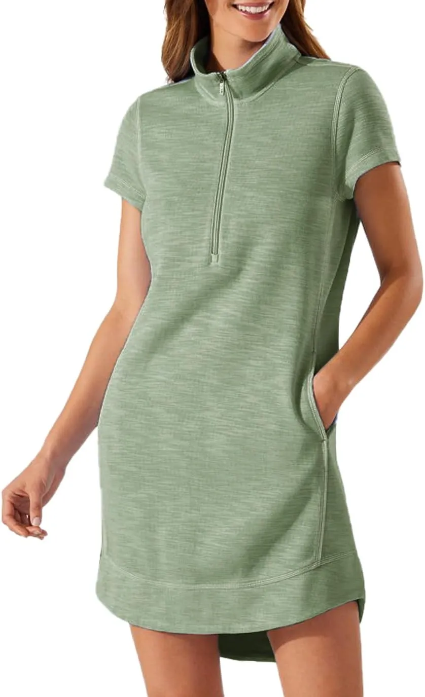Womens Summer Dress Half Zip Short Sleeve Dresses Workout Casual Dressy Mini Dress with Pokets