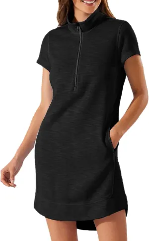 Womens Summer Dress Half Zip Short Sleeve Dresses Workout Casual Dressy Mini Dress with Pokets