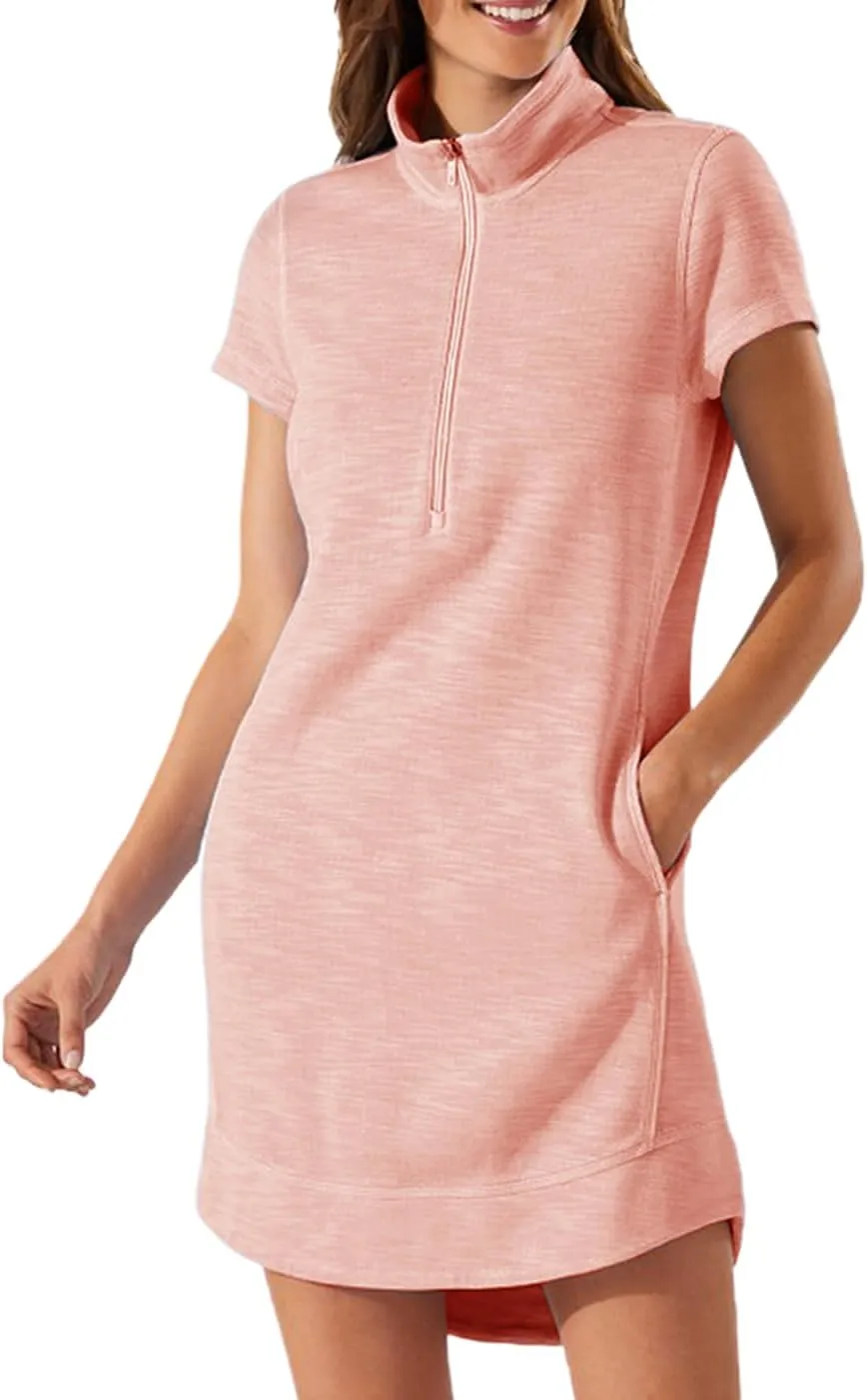 Womens Summer Dress Half Zip Short Sleeve Dresses Workout Casual Dressy Mini Dress with Pokets