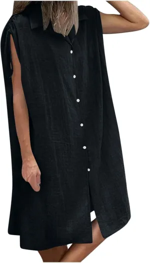 Womens Summer Dresses 2025 Casual Elegant Midi Length Button Down Collared Sundress Beach Cover Up Shirts