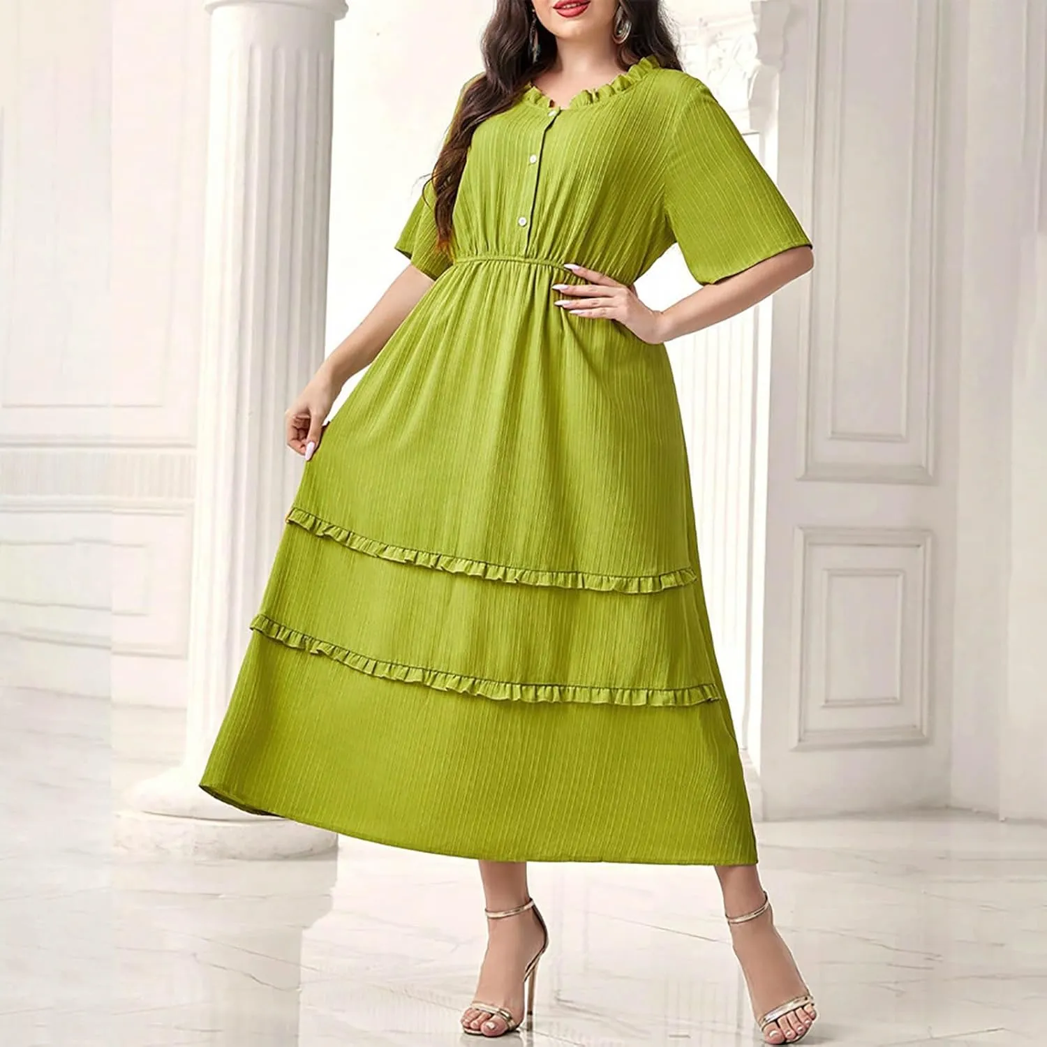 Women's Summer Dresses 2025 Short Sleeve Button Neck High Waist Smocked A-Line Flowy Swing Loose Fit Midi Dress