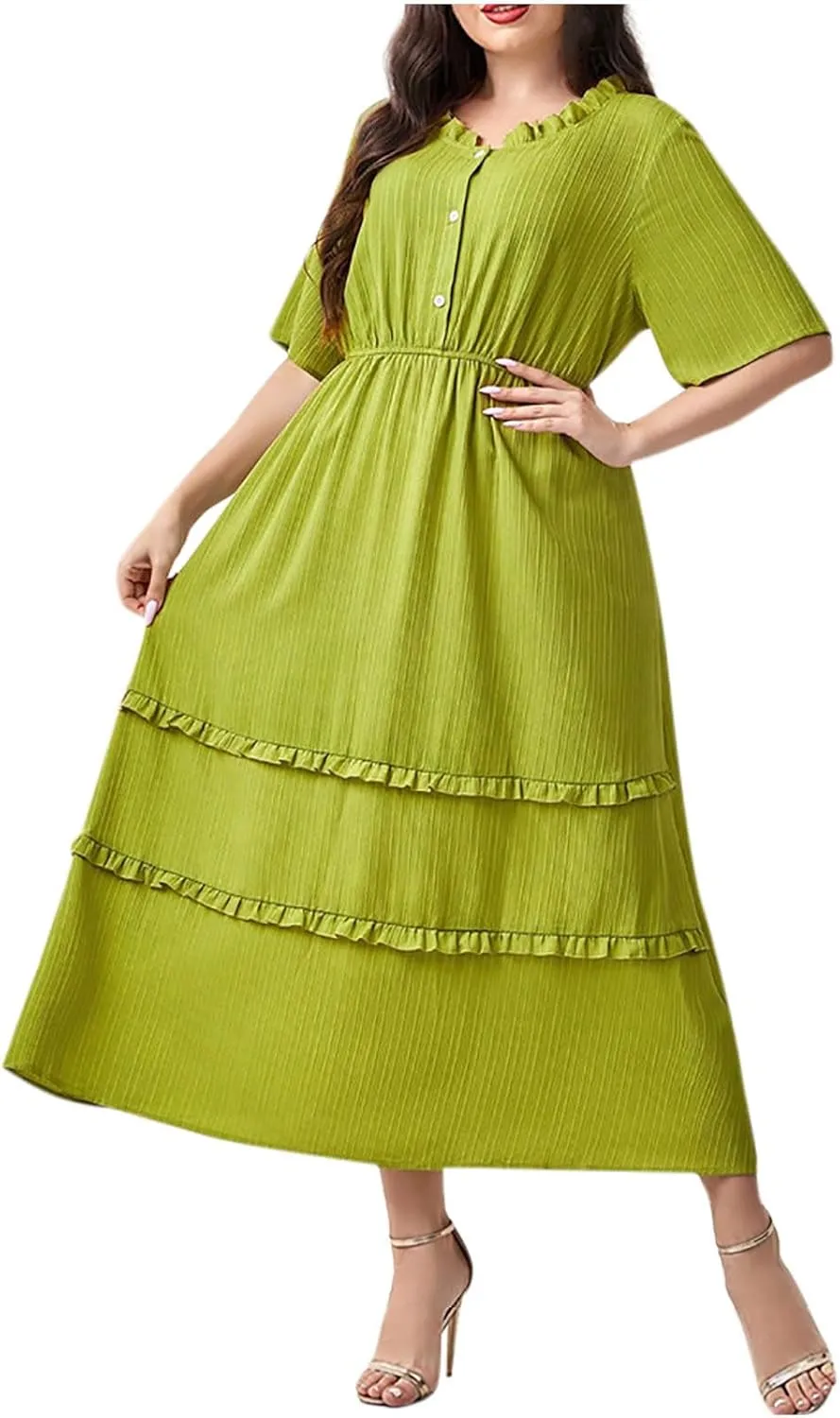 Women's Summer Dresses 2025 Short Sleeve Button Neck High Waist Smocked A-Line Flowy Swing Loose Fit Midi Dress