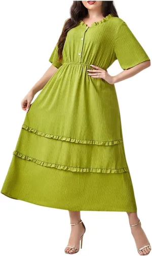 Women's Summer Dresses 2025 Short Sleeve Button Neck High Waist Smocked A-Line Flowy Swing Loose Fit Midi Dress