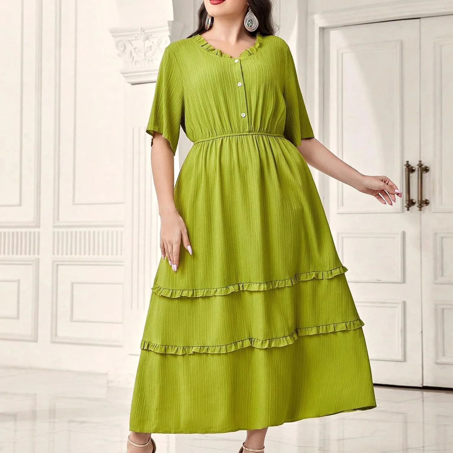 Women's Summer Dresses 2025 Short Sleeve Button Neck High Waist Smocked A-Line Flowy Swing Loose Fit Midi Dress