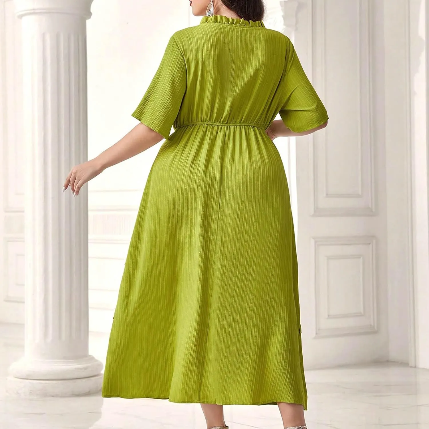Women's Summer Dresses 2025 Short Sleeve Button Neck High Waist Smocked A-Line Flowy Swing Loose Fit Midi Dress