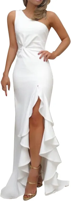 Women's Summer Formal Wedding Guest Dress Off Shoulder High Slit Maxi Bodycorn Dress Ruffle Hem Long Dresses