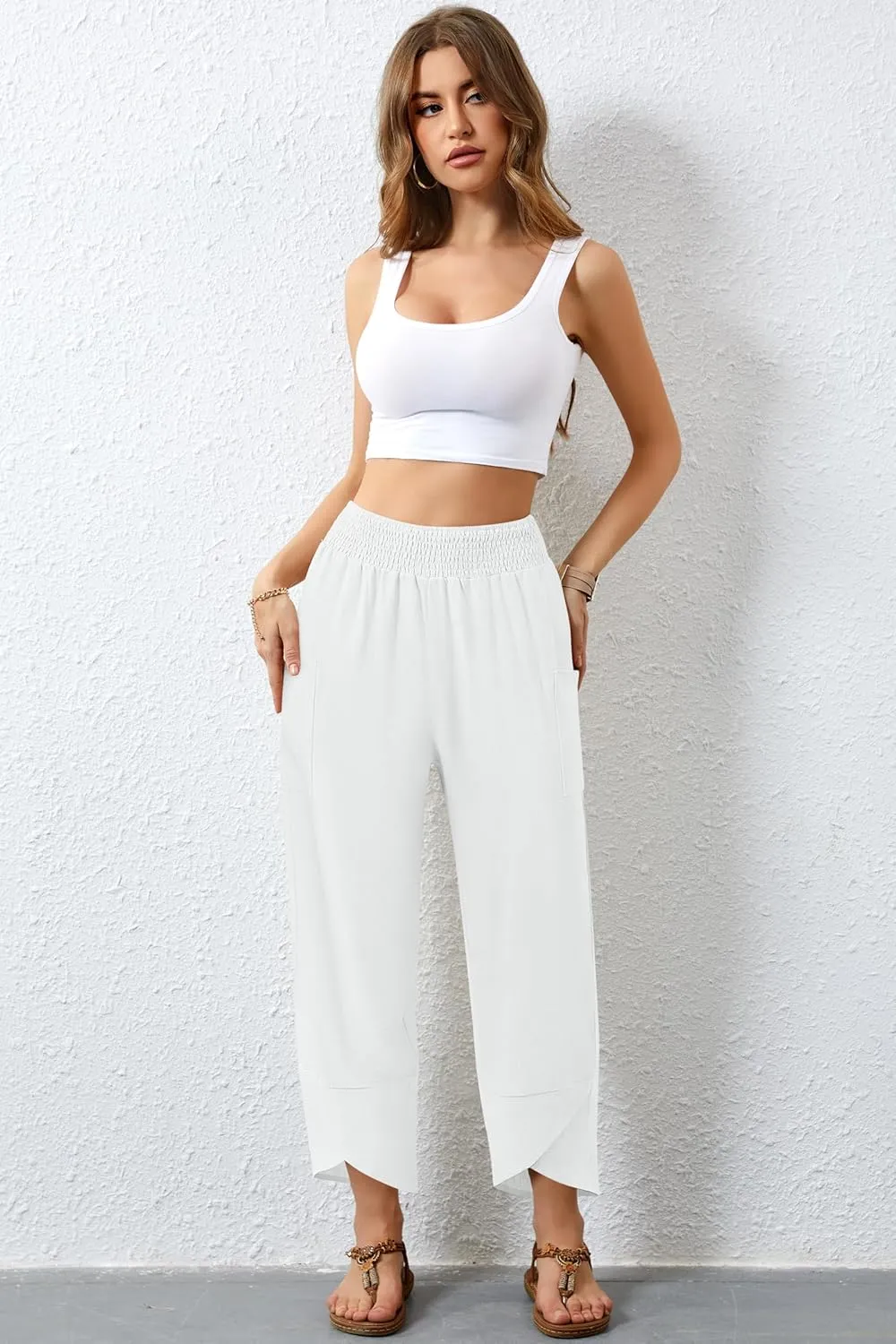 Women's Summer High Waisted Baggy Pants Wide Leg Linen Pants Casual Ankle Length Trouser Slacks with Pockets