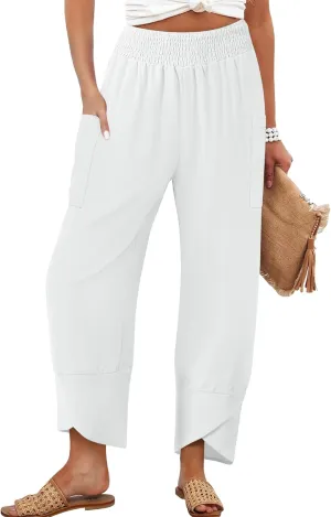 Women's Summer High Waisted Baggy Pants Wide Leg Linen Pants Casual Ankle Length Trouser Slacks with Pockets