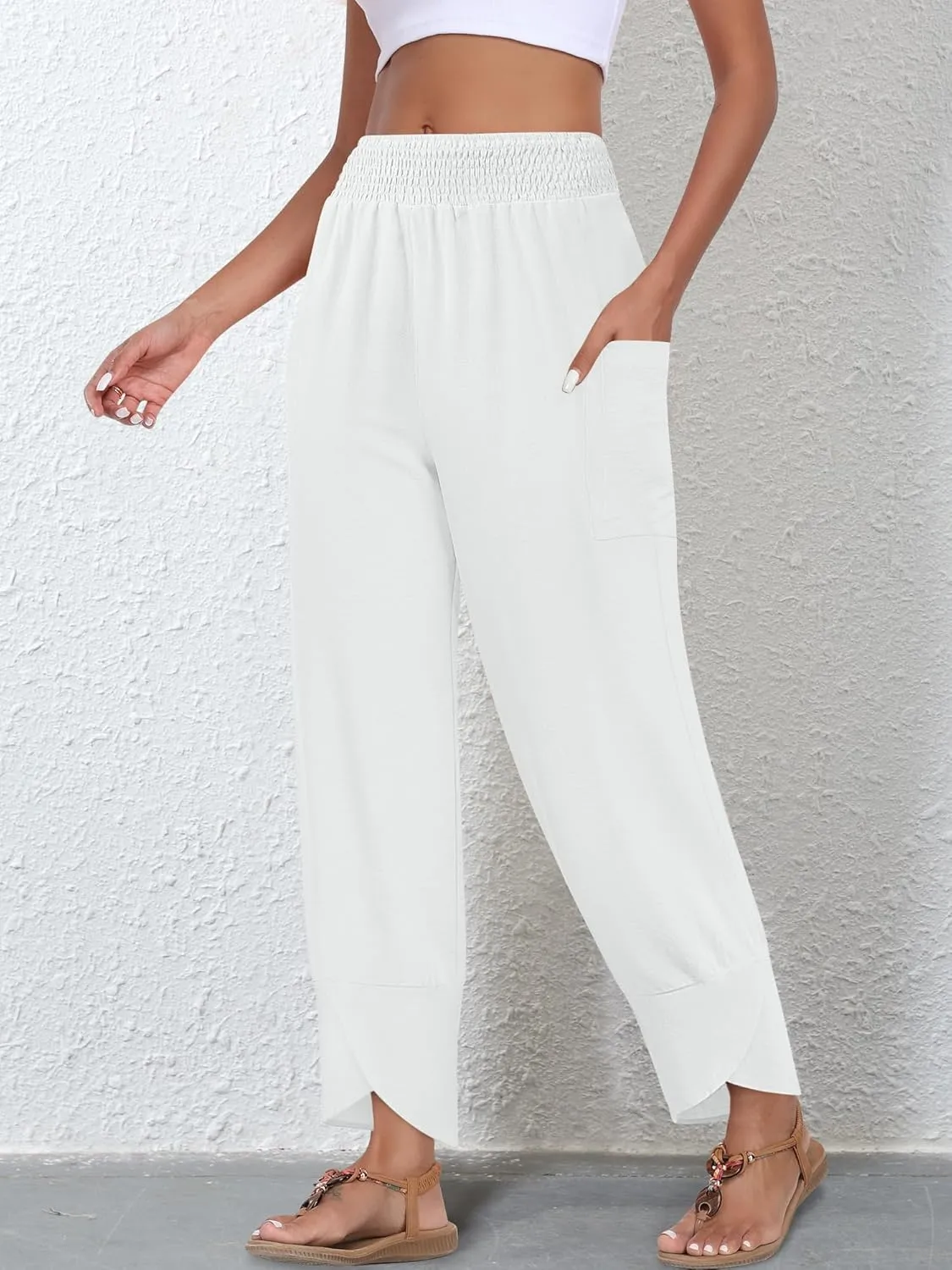 Women's Summer High Waisted Baggy Pants Wide Leg Linen Pants Casual Ankle Length Trouser Slacks with Pockets