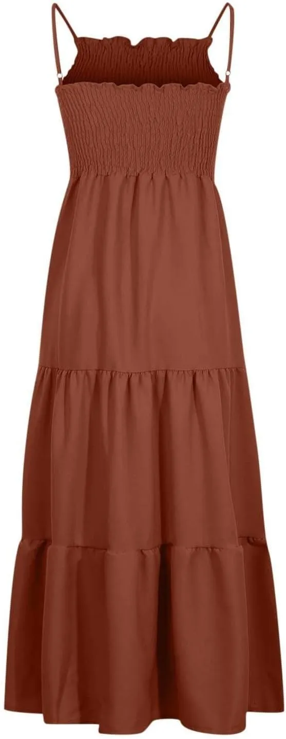Women's Summer Maxi Dress 2025 Casual Boho Sleeveless Spaghetti Strap Smocked Tiered Long Beach Sundresses