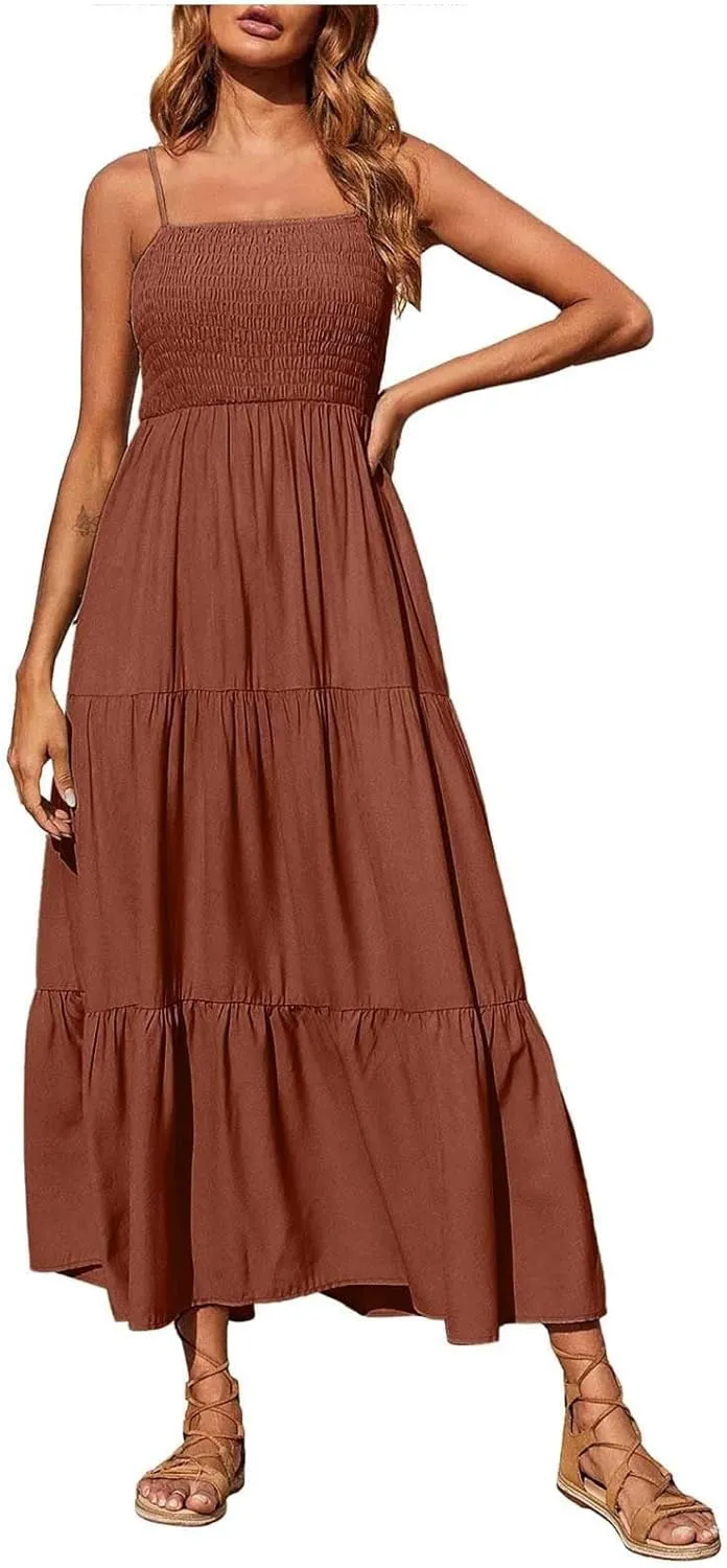 Women's Summer Maxi Dress 2025 Casual Boho Sleeveless Spaghetti Strap Smocked Tiered Long Beach Sundresses