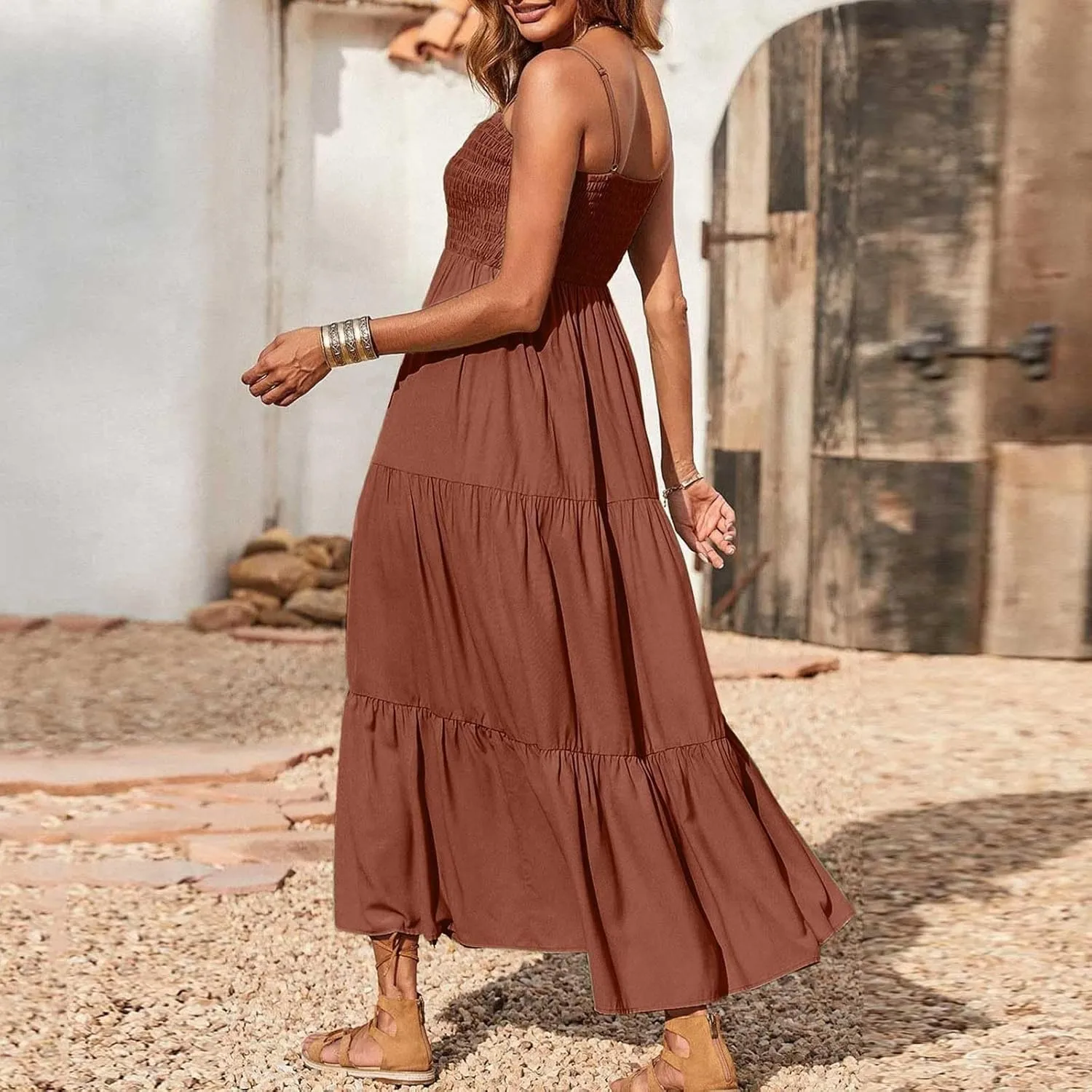Women's Summer Maxi Dress 2025 Casual Boho Sleeveless Spaghetti Strap Smocked Tiered Long Beach Sundresses