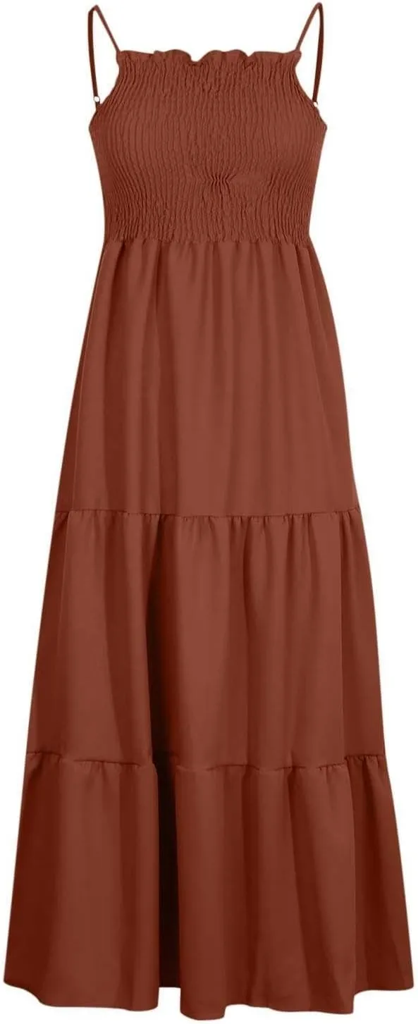 Women's Summer Maxi Dress 2025 Casual Boho Sleeveless Spaghetti Strap Smocked Tiered Long Beach Sundresses