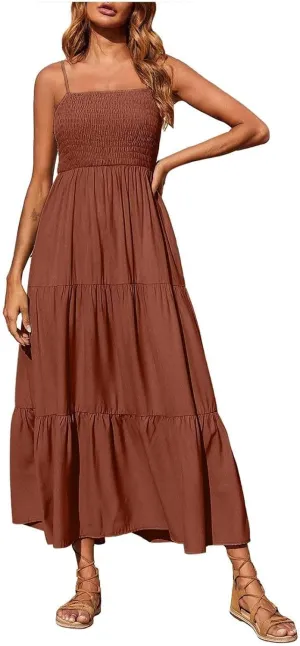 Women's Summer Maxi Dress 2025 Casual Boho Sleeveless Spaghetti Strap Smocked Tiered Long Beach Sundresses