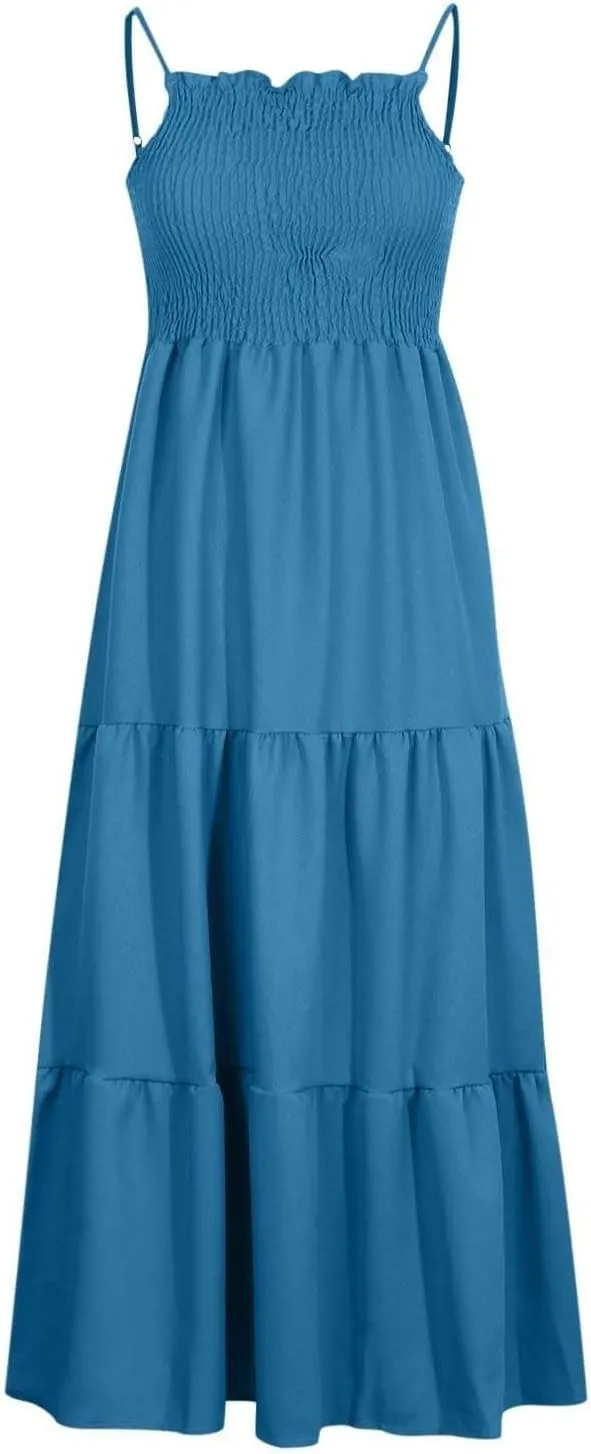 Women's Summer Maxi Dress 2025 Casual Boho Sleeveless Spaghetti Strap Smocked Tiered Long Beach Sundresses