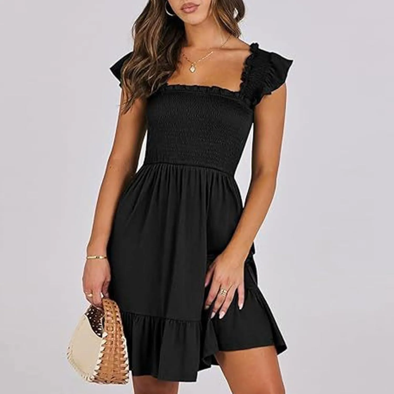 Women's Summer Ruffle Sleeve Sweetheart Neckline Floral Print Mini Dress Casual A-Line Flowy Sundress for Beachwear