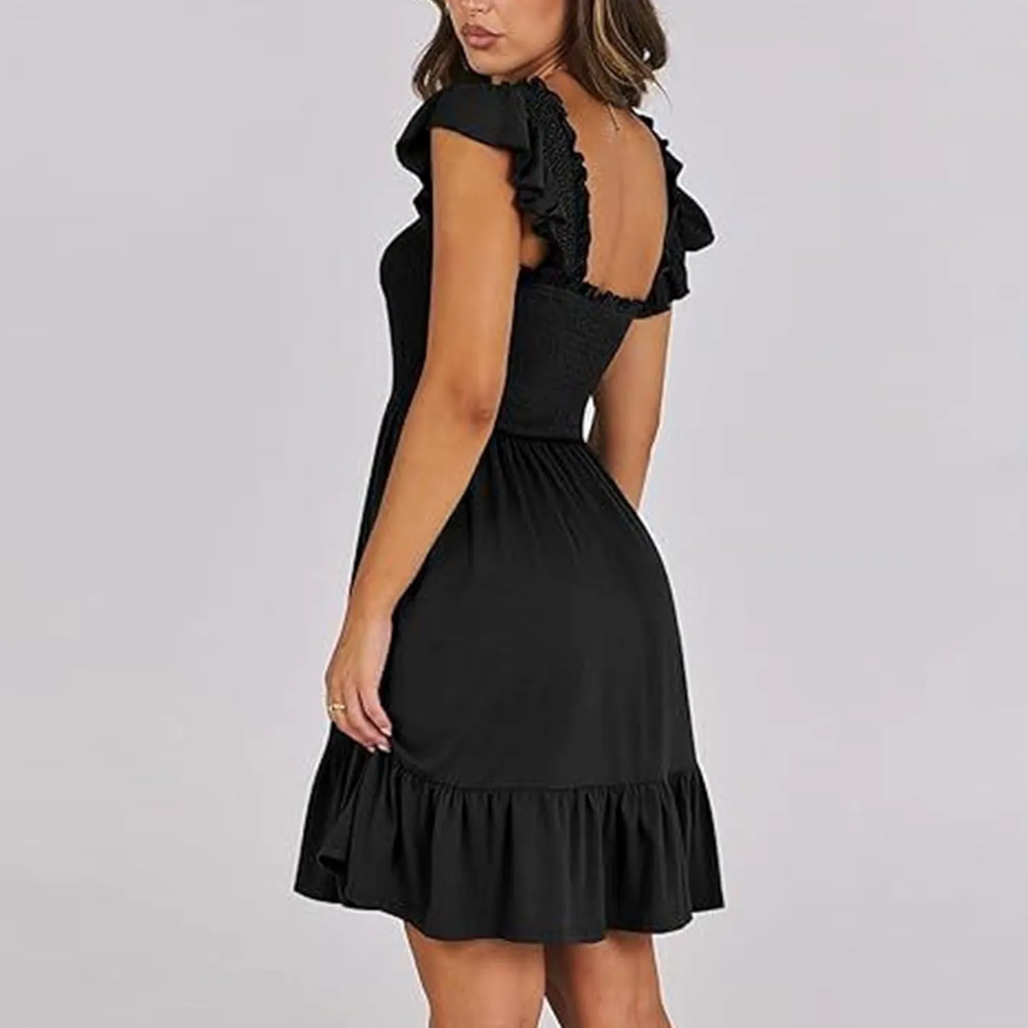 Women's Summer Ruffle Sleeve Sweetheart Neckline Floral Print Mini Dress Casual A-Line Flowy Sundress for Beachwear