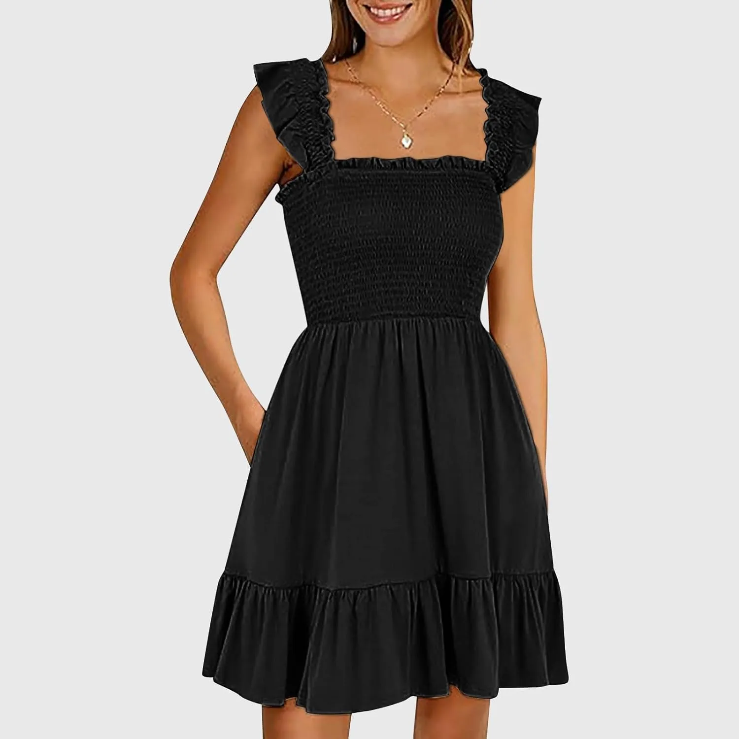 Women's Summer Ruffle Sleeve Sweetheart Neckline Floral Print Mini Dress Casual A-Line Flowy Sundress for Beachwear