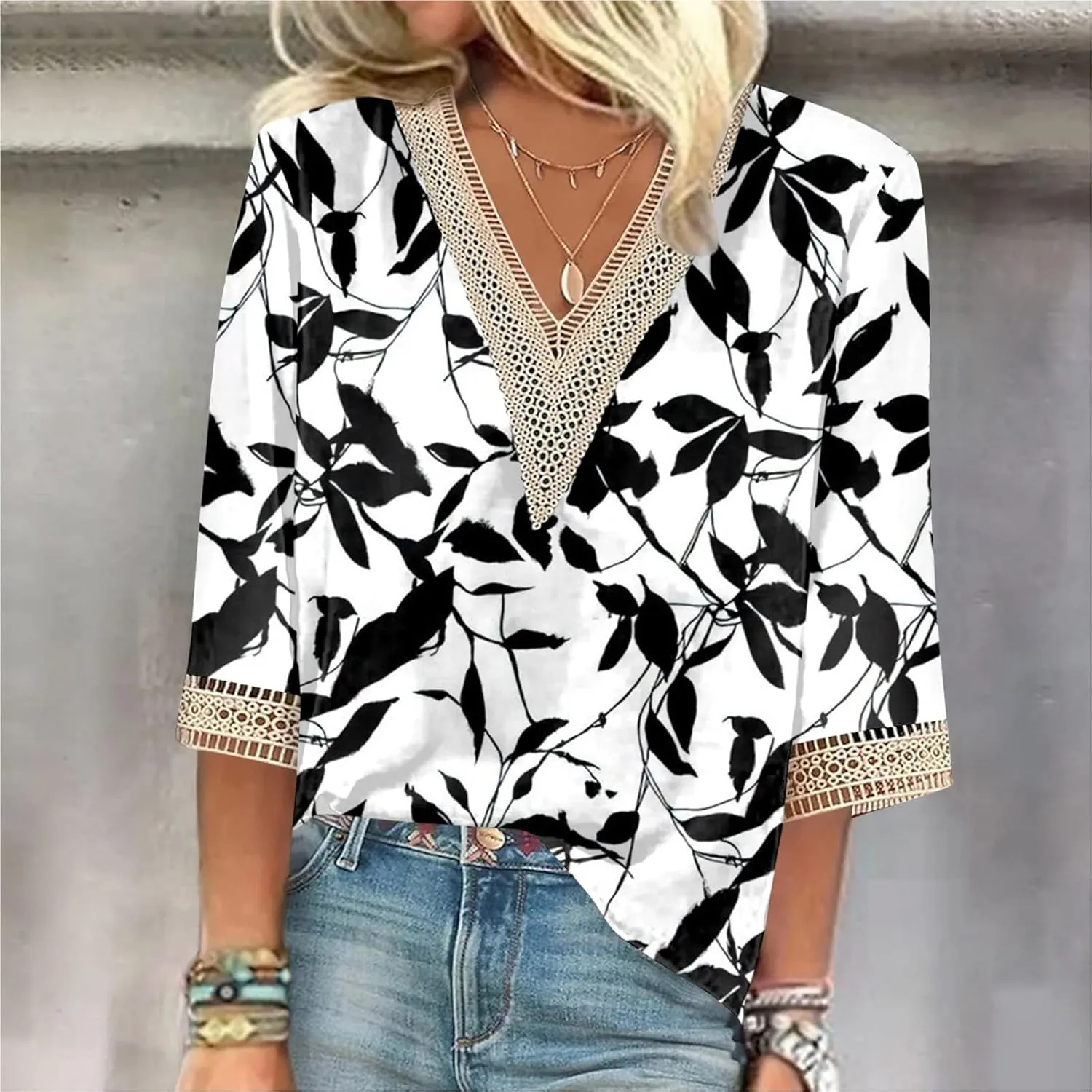 Womens Summer Tops 2023 Ethnic V Neck Fashion Lace Trim Tshirts Printed Comfy 3/4 Sleeve Slim Fit Shirts