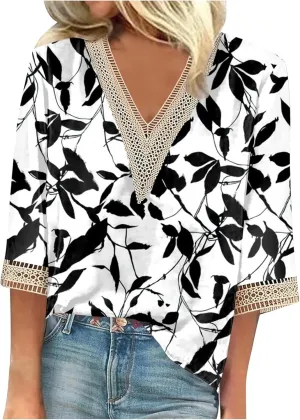 Womens Summer Tops 2023 Ethnic V Neck Fashion Lace Trim Tshirts Printed Comfy 3/4 Sleeve Slim Fit Shirts