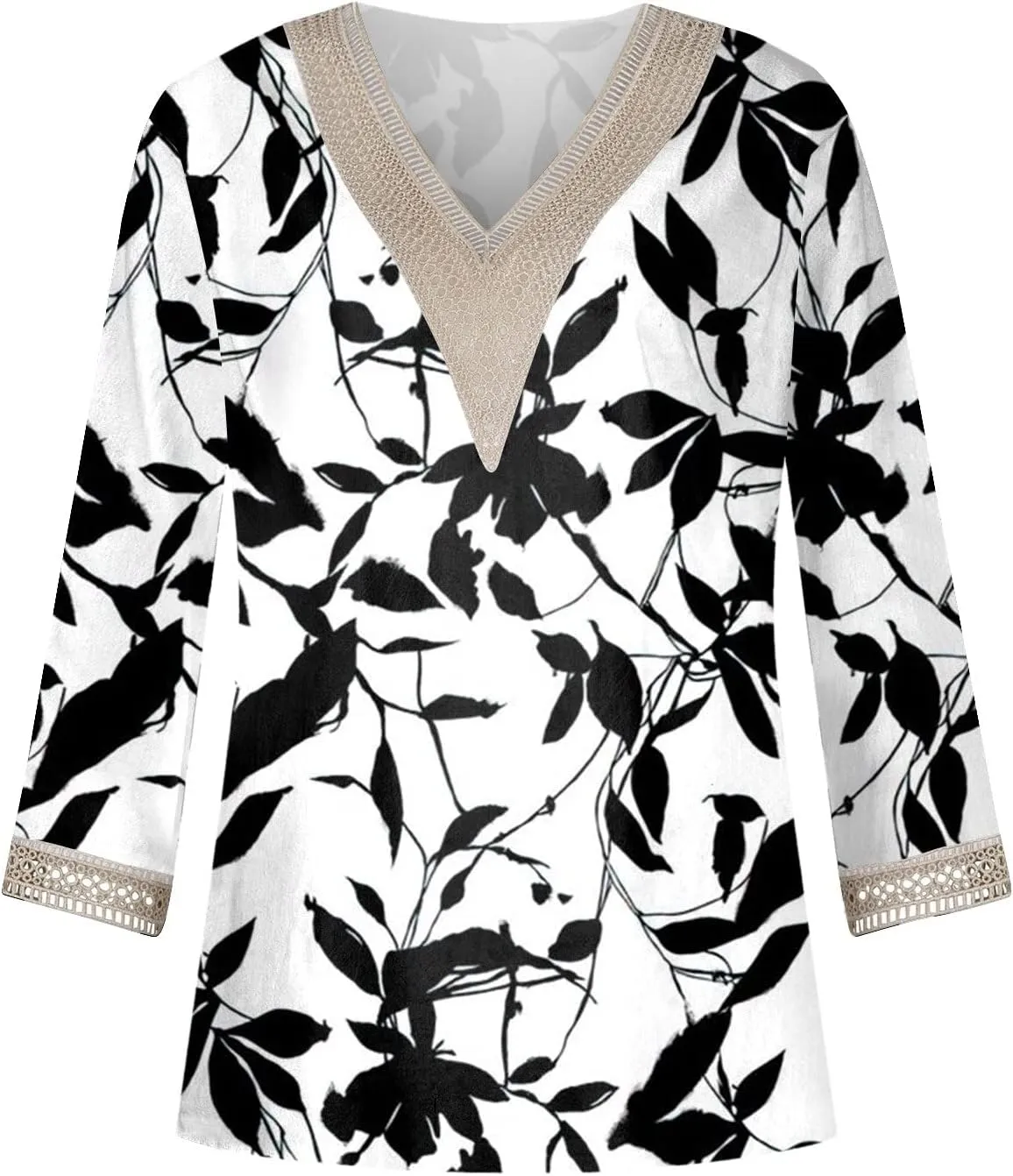 Womens Summer Tops 2023 Ethnic V Neck Fashion Lace Trim Tshirts Printed Comfy 3/4 Sleeve Slim Fit Shirts