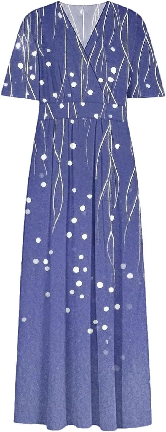 Womens Summer Wrap Maxi Dress Casual Boho Floral V Neck Short Sleeve Plus Size Hem Split Beach Long Dresses
