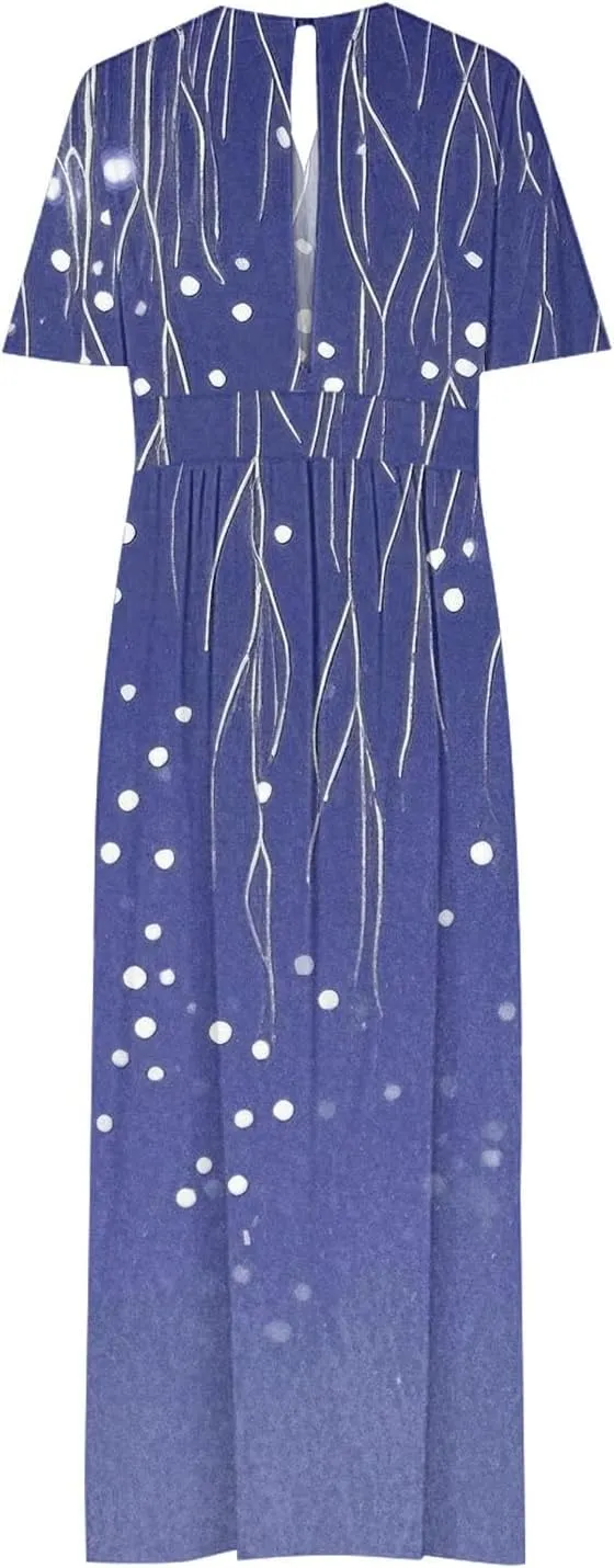 Womens Summer Wrap Maxi Dress Casual Boho Floral V Neck Short Sleeve Plus Size Hem Split Beach Long Dresses
