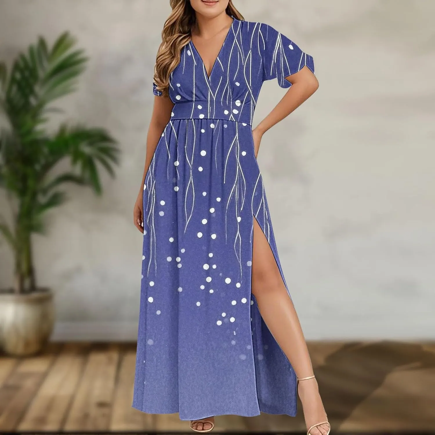 Womens Summer Wrap Maxi Dress Casual Boho Floral V Neck Short Sleeve Plus Size Hem Split Beach Long Dresses