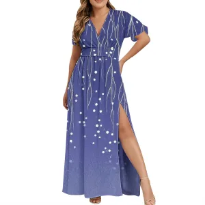 Womens Summer Wrap Maxi Dress Casual Boho Floral V Neck Short Sleeve Plus Size Hem Split Beach Long Dresses