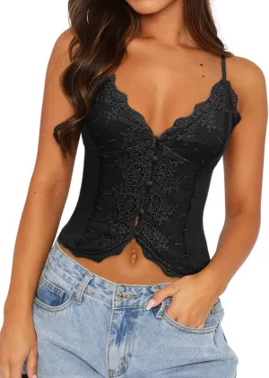 Women's Trendy Sexy Embroidered Lace Sleeveless V Neck Spaghetti Strap Cami Tank Top Boho Going Out Camisole Tops