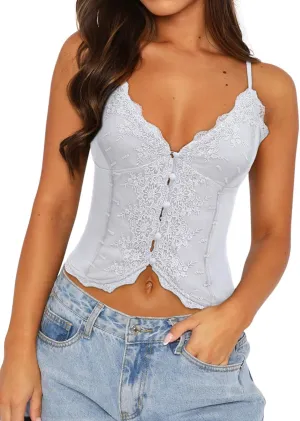 Women's Trendy Sexy Embroidered Lace Sleeveless V Neck Spaghetti Strap Cami Tank Top Boho Going Out Camisole Tops