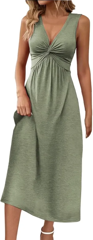 Women's V Neck Front Knotted Dresses Summer Sleeveless A Line Sundress Beach Party Vacasion Dress Outfits