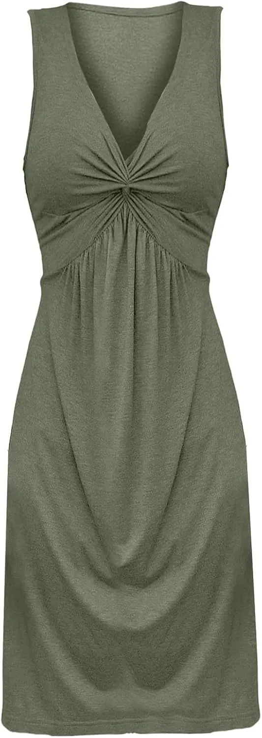 Women's V Neck Front Knotted Dresses Summer Sleeveless A Line Sundress Beach Party Vacasion Dress Outfits