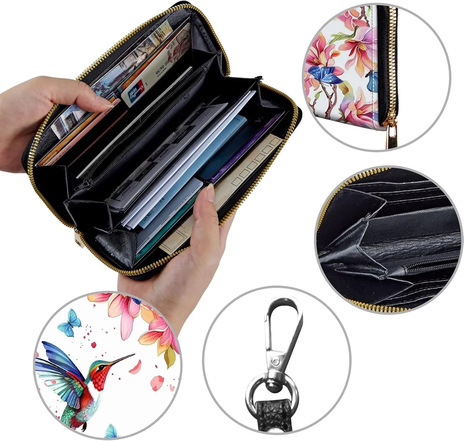 Women's Wallets,Credit Card Holder Money Leather Long Wallet with Wristlet,Large Capacity with Zip-Around Phone Purse for Women Ladies Girls,Art Bird Flower