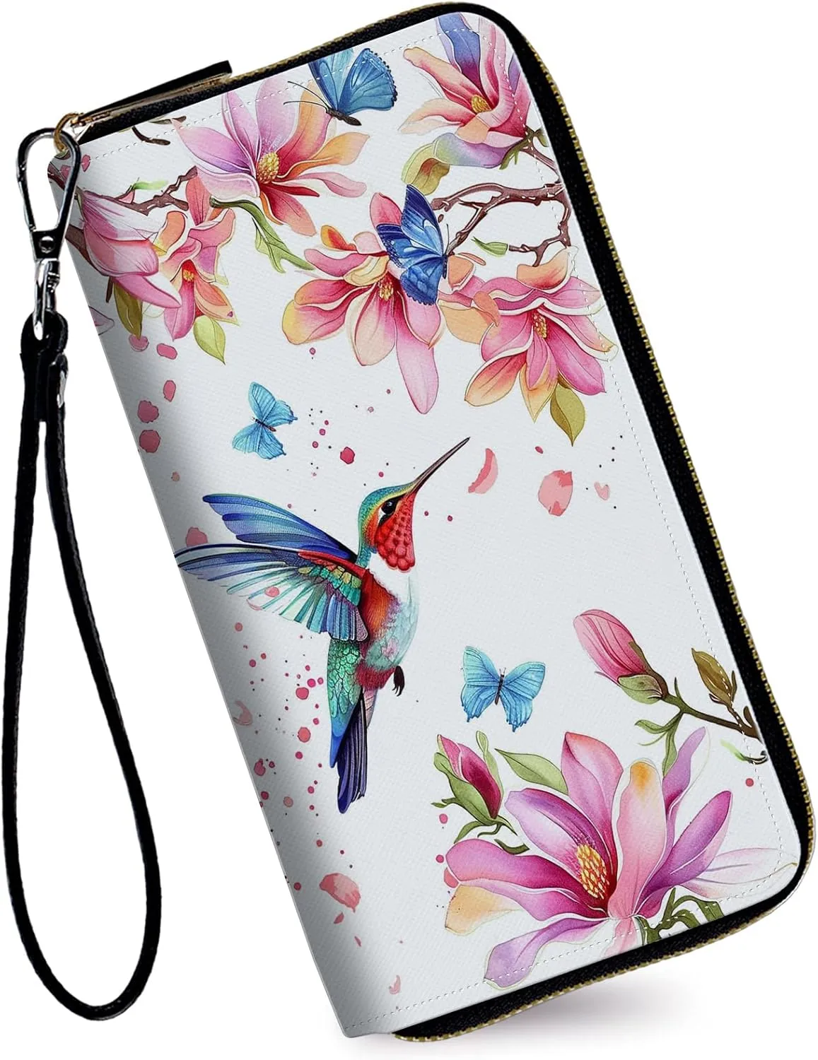 Women's Wallets,Credit Card Holder Money Leather Long Wallet with Wristlet,Large Capacity with Zip-Around Phone Purse for Women Ladies Girls,Art Bird Flower