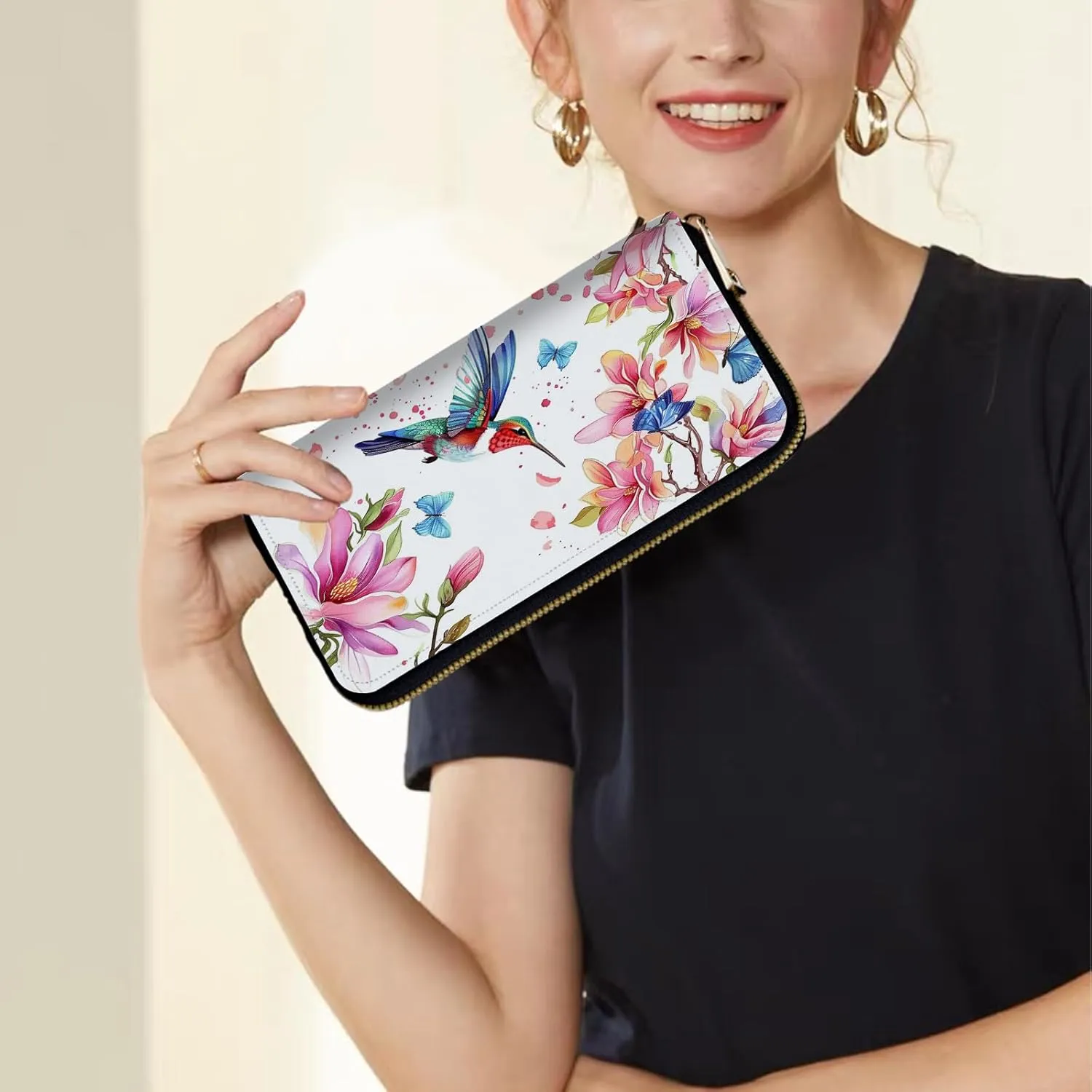 Women's Wallets,Credit Card Holder Money Leather Long Wallet with Wristlet,Large Capacity with Zip-Around Phone Purse for Women Ladies Girls,Art Bird Flower