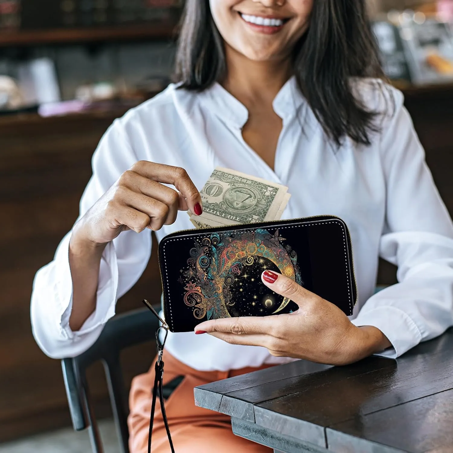 Women's Wallets,Credit Card Holder Money Leather Long Wallet with Wristlet,Large Capacity with Zip-Around Phone Purse for Women Ladies Girls,Art Moon