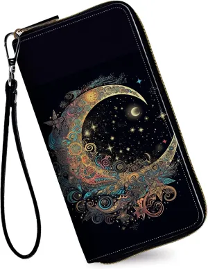 Women's Wallets,Credit Card Holder Money Leather Long Wallet with Wristlet,Large Capacity with Zip-Around Phone Purse for Women Ladies Girls,Art Moon