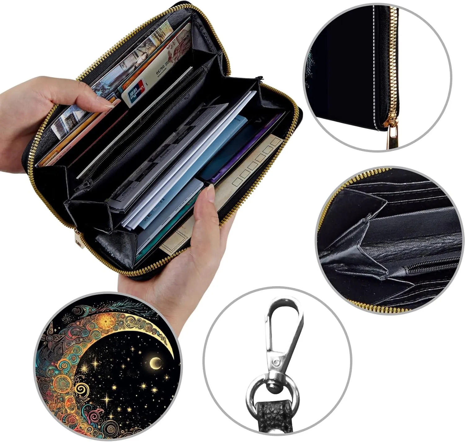 Women's Wallets,Credit Card Holder Money Leather Long Wallet with Wristlet,Large Capacity with Zip-Around Phone Purse for Women Ladies Girls,Art Moon