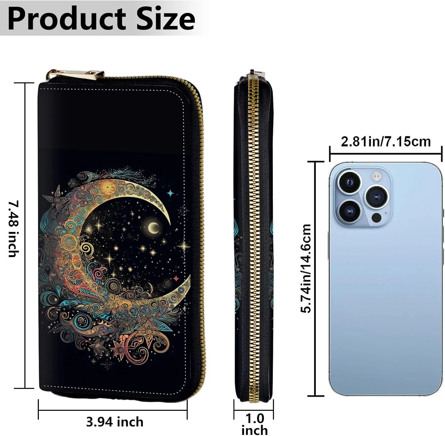 Women's Wallets,Credit Card Holder Money Leather Long Wallet with Wristlet,Large Capacity with Zip-Around Phone Purse for Women Ladies Girls,Art Moon