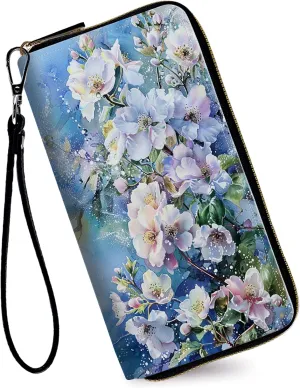 Women's Wallets,Credit Card Holder Money Leather Long Wallet with Wristlet,Large Capacity with Zip-Around Phone Purse for Women Ladies Girls,Beautiful Flowers