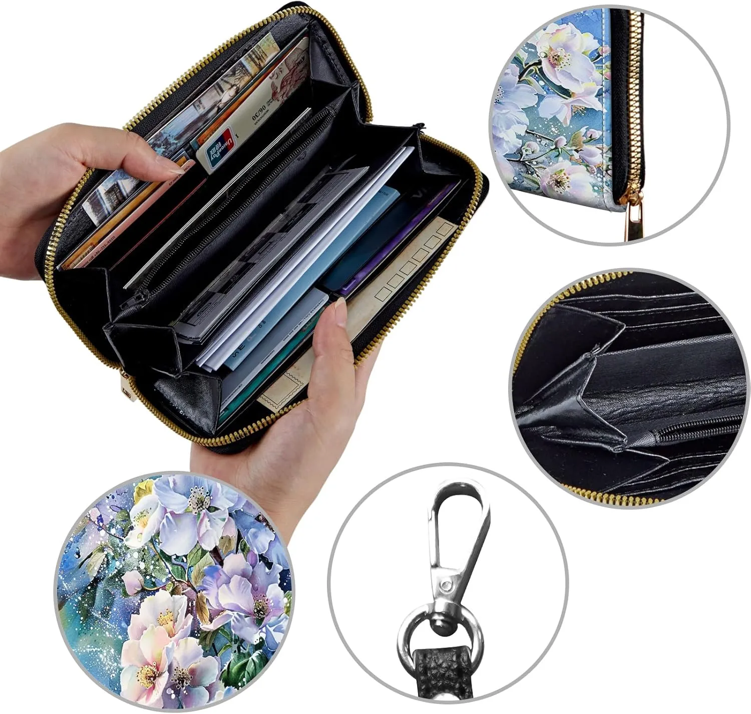 Women's Wallets,Credit Card Holder Money Leather Long Wallet with Wristlet,Large Capacity with Zip-Around Phone Purse for Women Ladies Girls,Beautiful Flowers