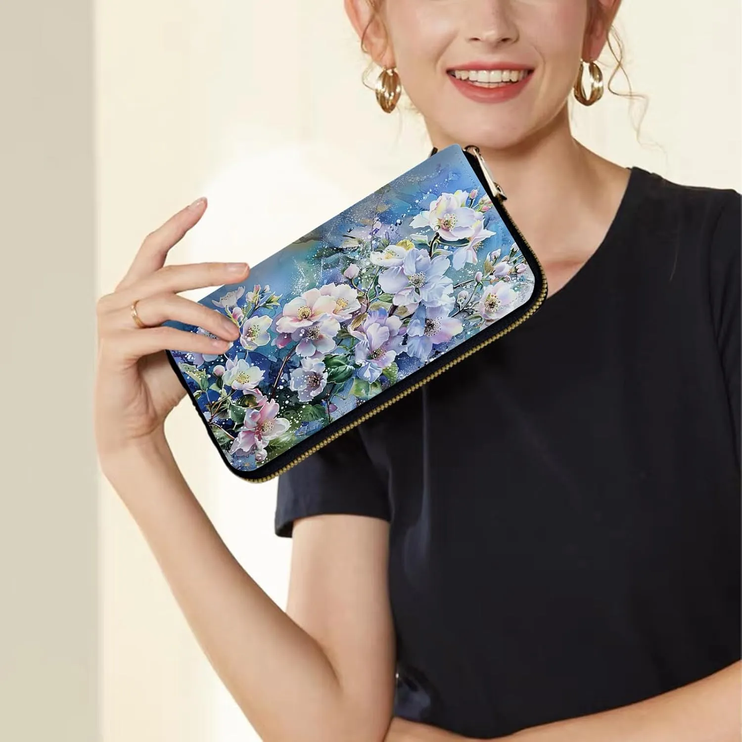 Women's Wallets,Credit Card Holder Money Leather Long Wallet with Wristlet,Large Capacity with Zip-Around Phone Purse for Women Ladies Girls,Beautiful Flowers